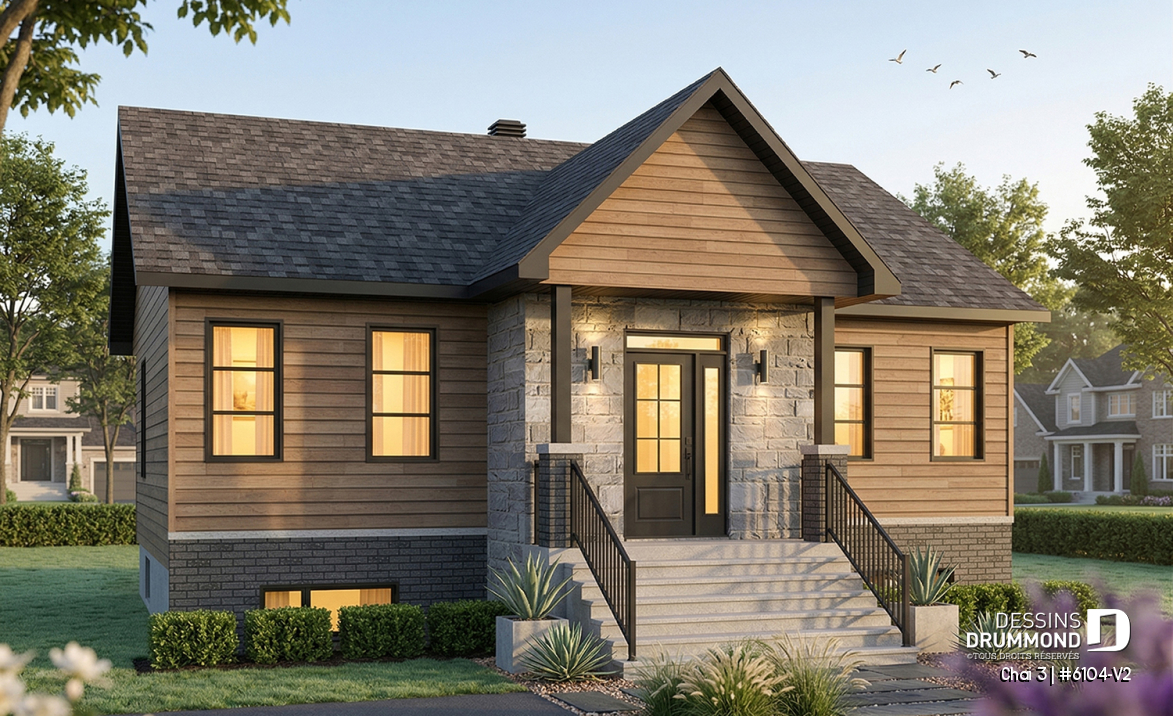 Vue avant - MODÈLE DE BASE - Maison économique et chaleureuse au Québec : de 2 à 4 chambres, aire ouverte, terrasse abritée et sous-sol opt - Chai 3