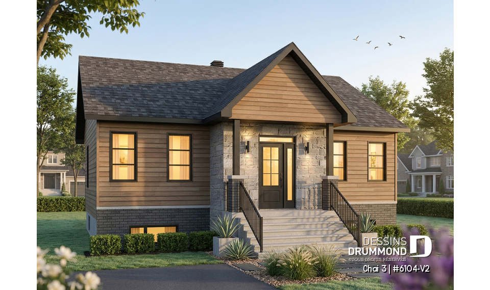 Vue avant - MODÈLE DE BASE - Maison économique et chaleureuse au Québec : de 2 à 4 chambres, aire ouverte, terrasse abritée et sous-sol opt - Chai 3