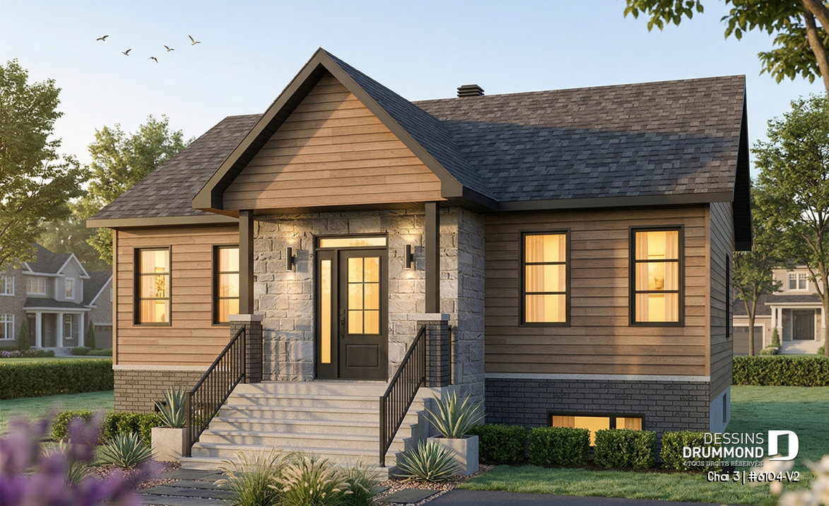 Vue avant - MODÈLE DE BASE - Maison économique et chaleureuse au Québec : de 2 à 4 chambres, aire ouverte, terrasse abritée et sous-sol opt - Chai 3