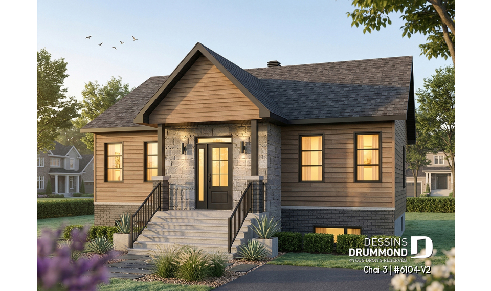 Vue avant - MODÈLE DE BASE - Maison économique et chaleureuse au Québec : de 2 à 4 chambres, aire ouverte, terrasse abritée et sous-sol opt - Chai 3