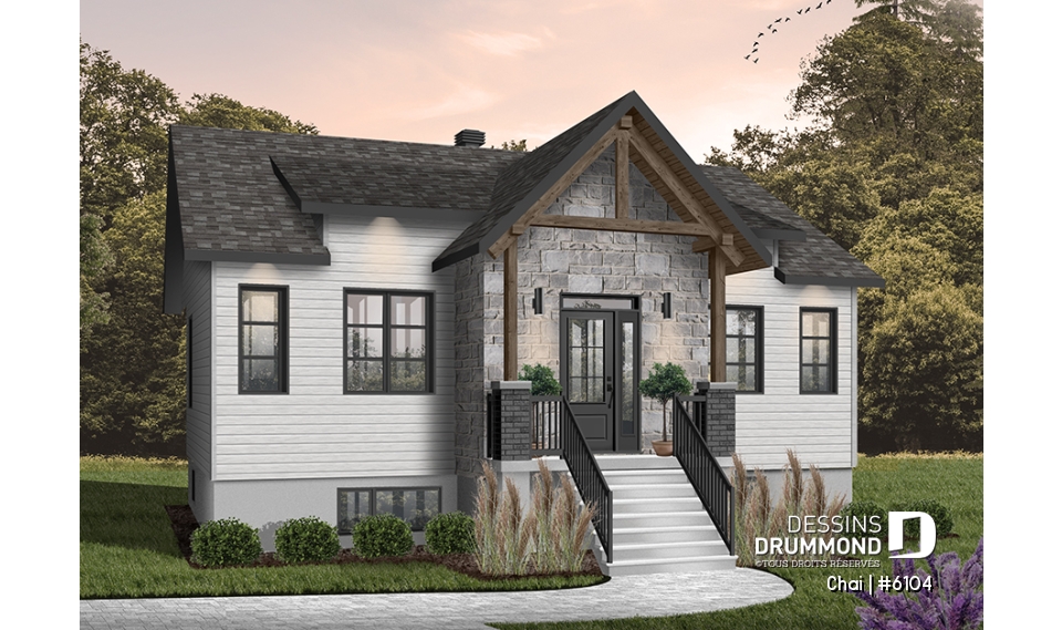 Version couleur no. 1 - Vue avant - Plan de maison 2 chambres, îlot, buanderie au rez-de-chaussée, beaucoup de rangement, foyer - Chai