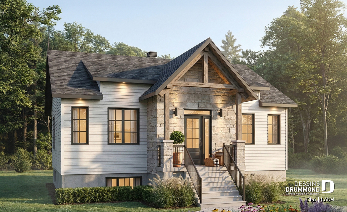 Vue avant - MODÈLE DE BASE - Plan de maison 2 chambres, îlot, buanderie au rez-de-chaussée, beaucoup de rangement, foyer - Chai