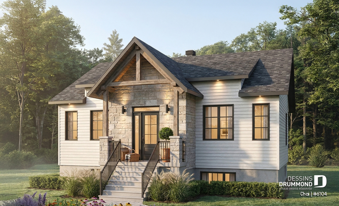 Vue avant - MODÈLE DE BASE - Plan de maison 2 chambres, îlot, buanderie au rez-de-chaussée, beaucoup de rangement, foyer - Chai
