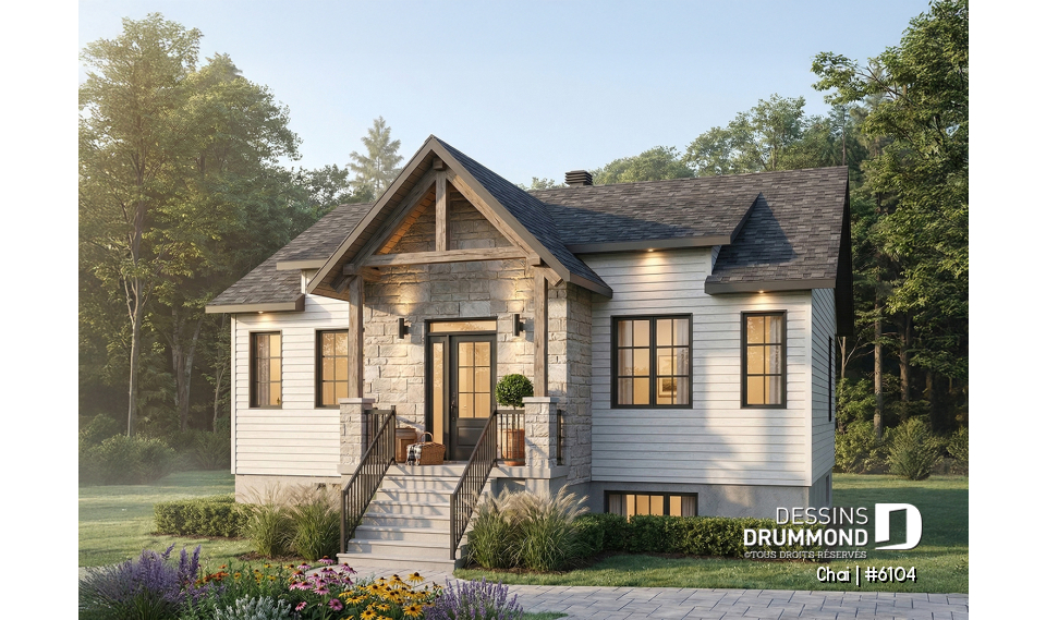 Vue avant - MODÈLE DE BASE - Plan de maison 2 chambres, îlot, buanderie au rez-de-chaussée, beaucoup de rangement, foyer - Chai