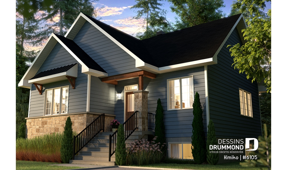 Vue avant - MODÈLE DE BASE - Plain-pied abordable avec fondation sortie de terre, 2 à 4 chambres selon finition du sous-sol (optionnel $) - Kimiko
