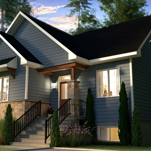 Vue avant - MODÈLE DE BASE - Plain-pied abordable avec fondation sortie de terre, 2 à 4 chambres selon finition du sous-sol (optionnel $) - Kimiko