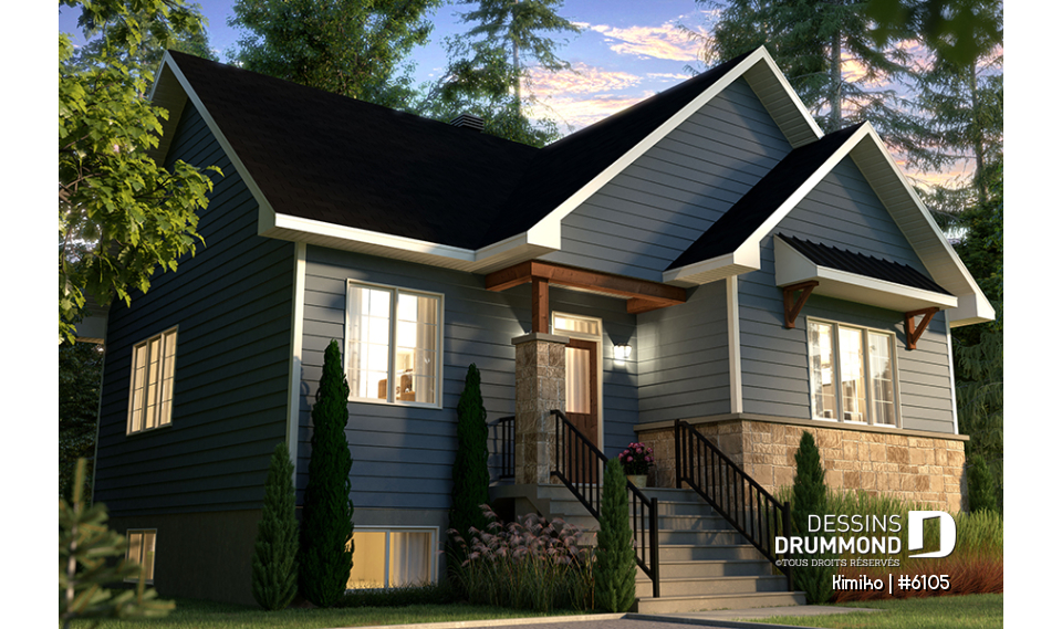 Vue avant - MODÈLE DE BASE - Plain-pied abordable avec fondation sortie de terre, 2 à 4 chambres selon finition du sous-sol (optionnel $) - Kimiko