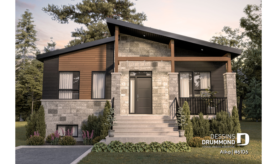 Alternative - Plan de plain-pied 2 chambres contemporain, cuisine et salon à l'arrière de la maison, belle fenestration - Aïka