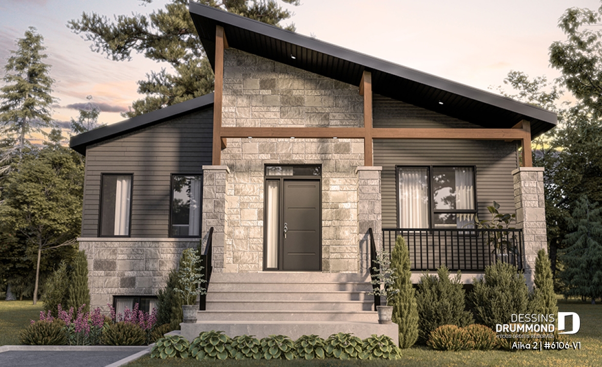 Vue avant - MODÈLE DE BASE - Modèle de maison de plain-pied avec sous-sol aménagé optionnel, 1 à 4 chambre, 2 salons, plafond à 9 pieds - Aika 2
