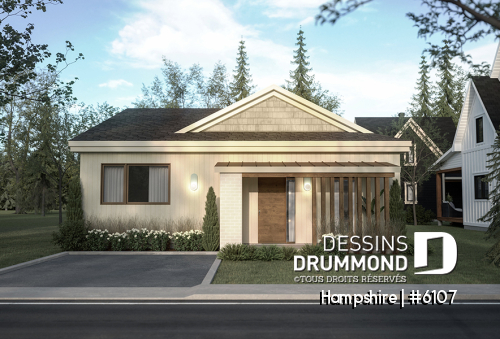 Version couleur no. 1 - Vue avant - Modèle de maison d'inspiration mid-century moderne avec 3 chambres et fondation sur dalle de béton - Hampshire