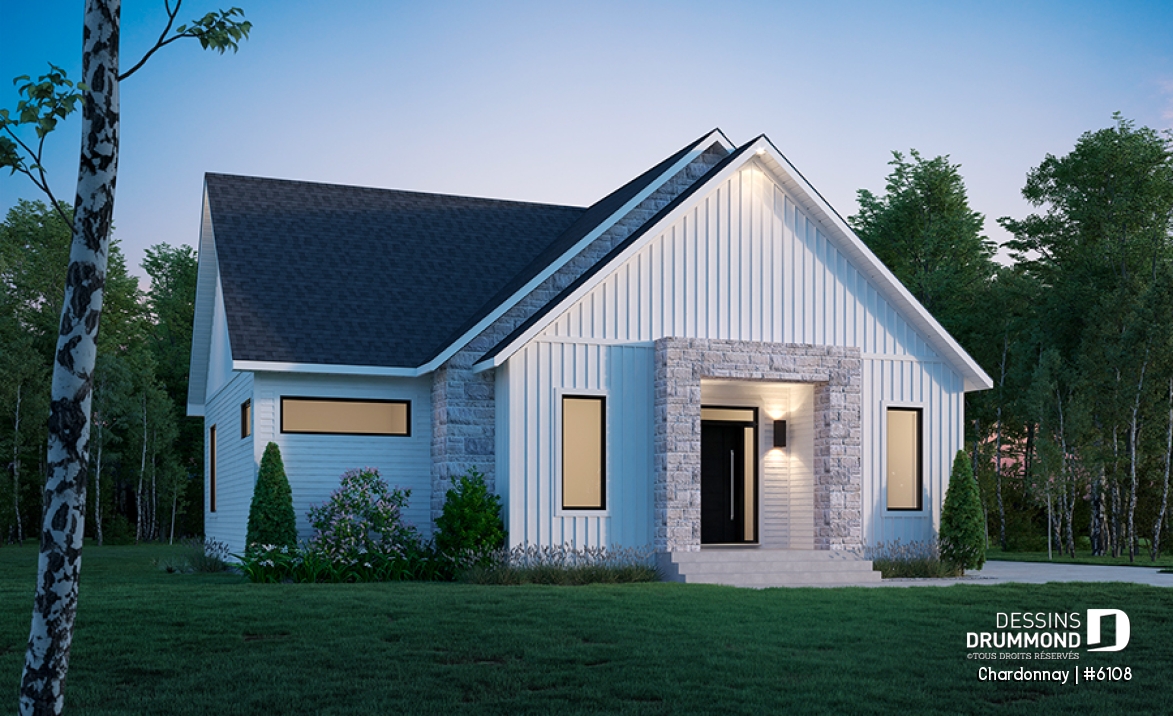 Vue avant - MODÈLE DE BASE - Plan de maison scandinave 2 chambres + bureau, garde-manger, terrasse couverte - Chardonnay
