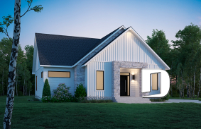 Vue avant - MODÈLE DE BASE - Plan de maison scandinave 2 chambres + bureau, garde-manger, terrasse couverte - Chardonnay