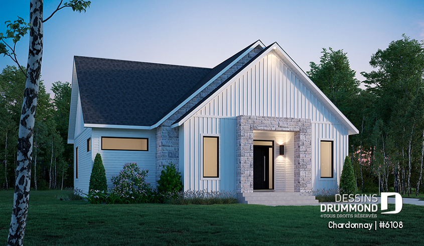 Vue avant - MODÈLE DE BASE - Plan de maison scandinave 2 chambres + bureau, garde-manger, terrasse couverte - Chardonnay