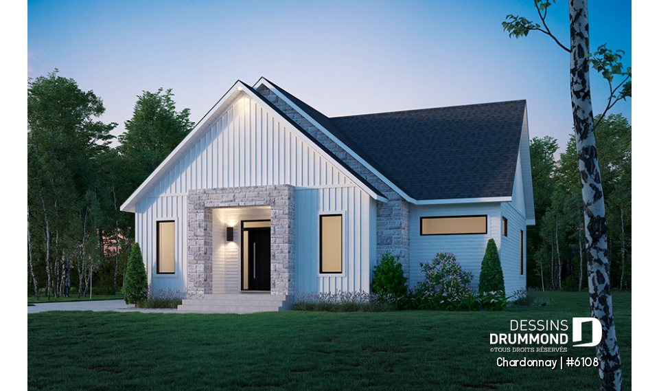 Vue avant - MODÈLE DE BASE - Plan de maison scandinave 2 chambres + bureau, garde-manger, terrasse couverte - Chardonnay