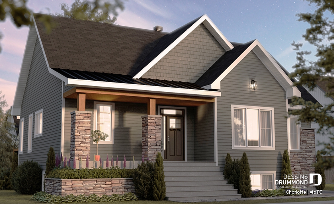 Vue avant - MODÈLE DE BASE - Plain-pied avec 3 chambres au rez-de-chaussée et possible 2 chambres suppl. au sous-sol (optionnel $) - Charlotte