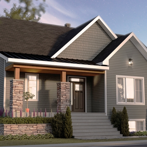 Vue avant - MODÈLE DE BASE - Plain-pied avec 3 chambres au rez-de-chaussée et possible 2 chambres suppl. au sous-sol (optionnel $) - Charlotte