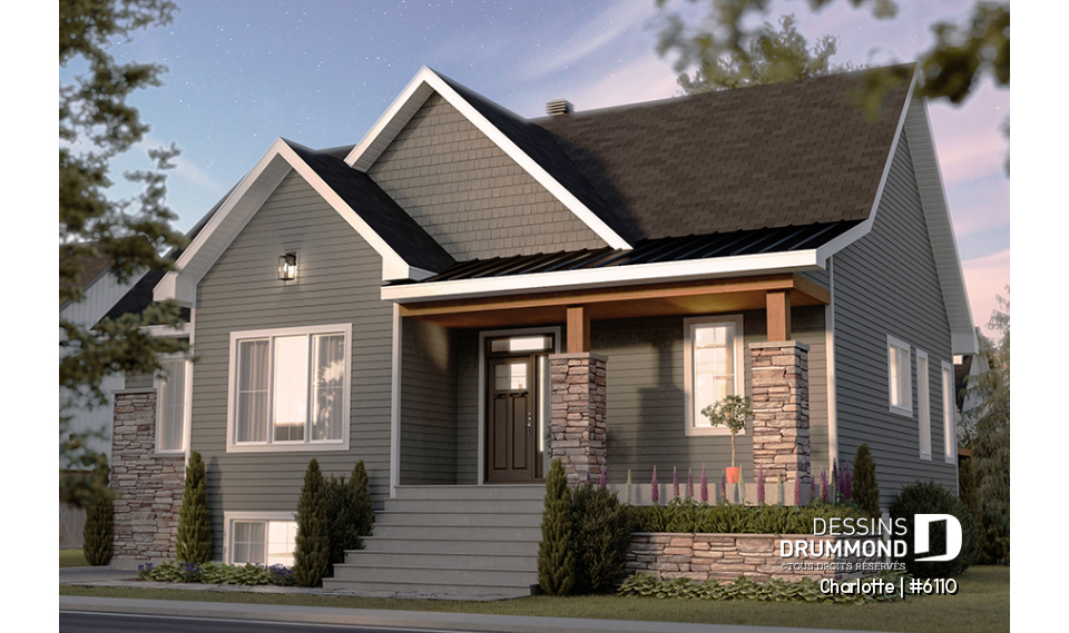 Vue avant - MODÈLE DE BASE - Plain-pied avec 3 chambres au rez-de-chaussée et possible 2 chambres suppl. au sous-sol (optionnel $) - Charlotte