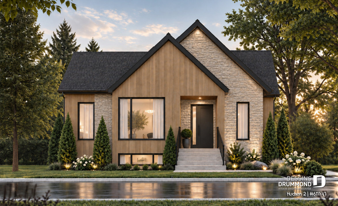 Vue avant - MODÈLE DE BASE - Plan de maison plain-pied, 3 chambres au rez-de-chaussée et sous-sol aménageable jusqu’à 5 chambres - Hudson 2