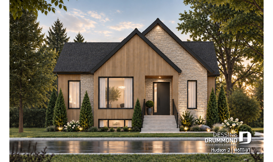 Vue avant - MODÈLE DE BASE - Plan de maison plain-pied, 3 chambres au rez-de-chaussée et sous-sol aménageable jusqu’à 5 chambres - Hudson 2