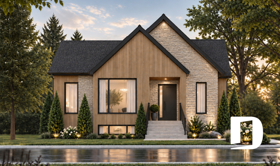 Vue avant - MODÈLE DE BASE - Plan de maison plain-pied, 3 chambres au rez-de-chaussée et sous-sol aménageable jusqu’à 5 chambres - Hudson 2