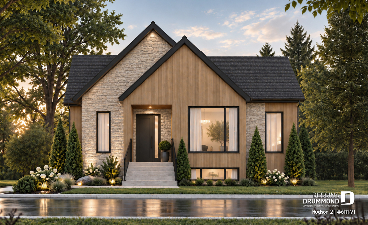 Vue avant - MODÈLE DE BASE - Plan de maison plain-pied, 3 chambres au rez-de-chaussée et sous-sol aménageable jusqu’à 5 chambres - Hudson 2
