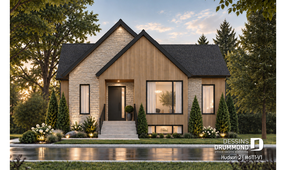 Vue avant - MODÈLE DE BASE - Plan de maison plain-pied, 3 chambres au rez-de-chaussée et sous-sol aménageable jusqu’à 5 chambres - Hudson 2