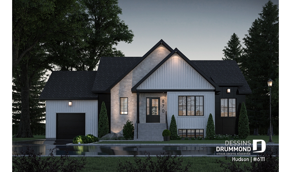 Vue avant - MODÈLE DE BASE - Modèle de la collection Maibec X Dessins Drummond proposant 3 chambres, vestiaire, garage - Hudson