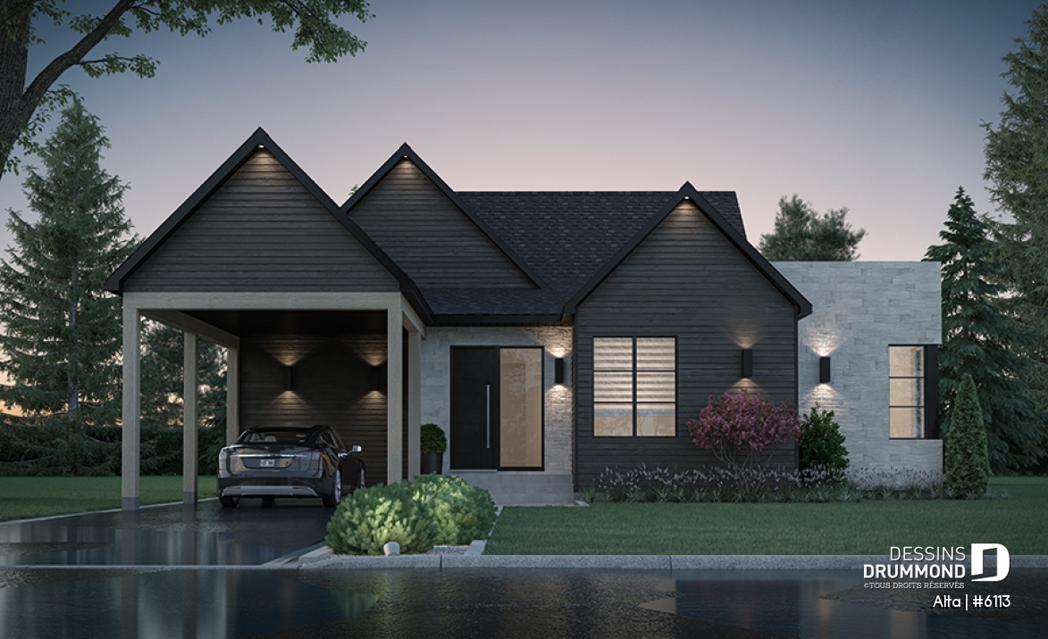 Vue avant - MODÈLE DE BASE - Maison plain-pied scandinave avec abri d'auto, superbe aire ouverte, terrasse abritée + abri moustiquaire - Alta