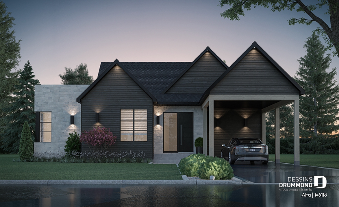 Vue avant - MODÈLE DE BASE - Maison plain-pied scandinave avec abri d'auto, superbe aire ouverte, terrasse abritée + abri moustiquaire - Alta