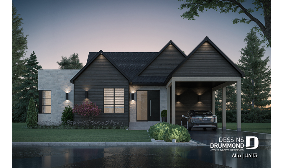 Vue avant - MODÈLE DE BASE - Maison plain-pied scandinave avec abri d'auto, superbe aire ouverte, terrasse abritée + abri moustiquaire - Alta