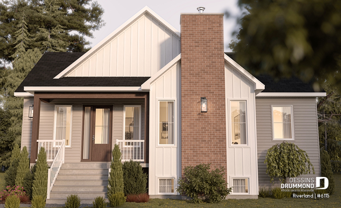 Vue avant - MODÈLE DE BASE - Plan de maison de style campagne avec terrasses couvertes, jusqu’à 3 chambres et grand espace de vie convivial - Riverland