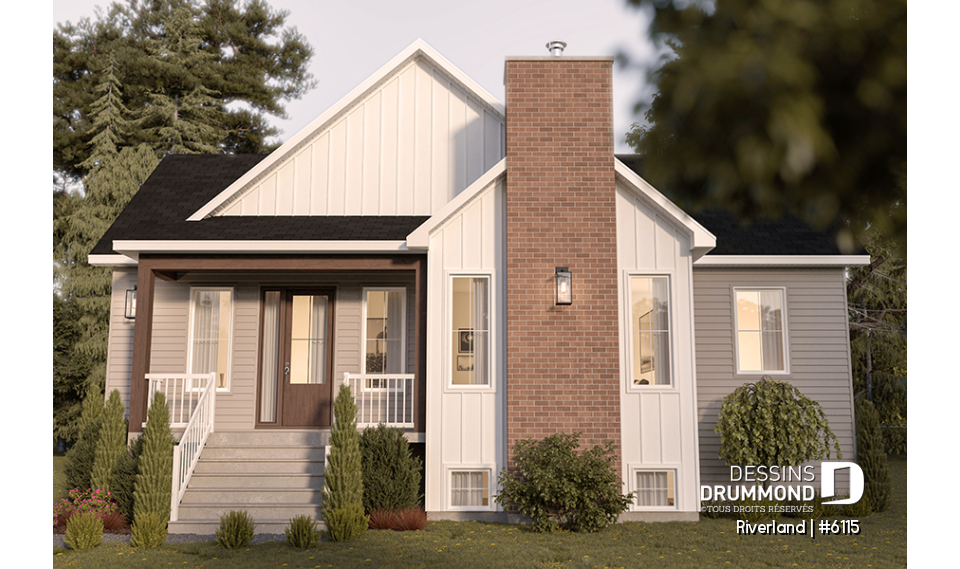 Vue avant - MODÈLE DE BASE - Plan de maison de style campagne avec terrasses couvertes, jusqu’à 3 chambres et grand espace de vie convivial - Riverland