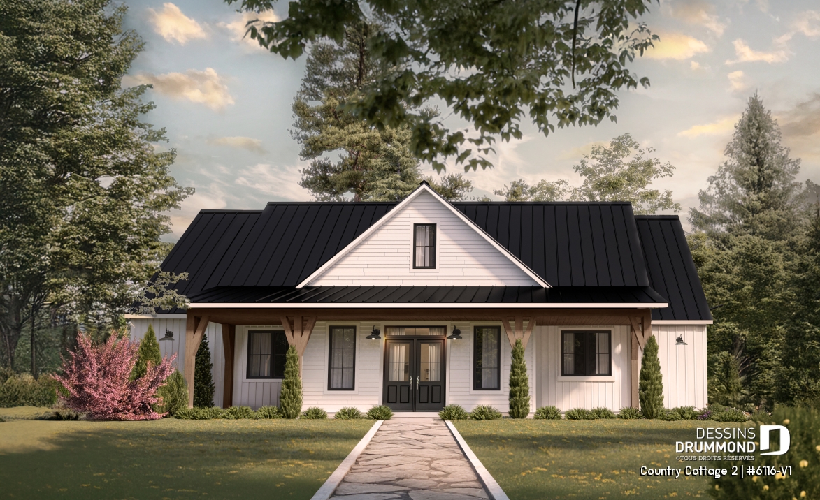 Vue avant - MODÈLE DE BASE - Modèle de maison Farmhouse plain-pied au Québec – 3 chambres, foyer et grand garage double - Country Cottage 2
