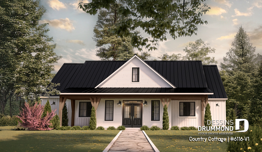 Vue avant - MODÈLE DE BASE - Modèle de maison Farmhouse plain-pied au Québec – 3 chambres, foyer et grand garage double - Country Cottage 2