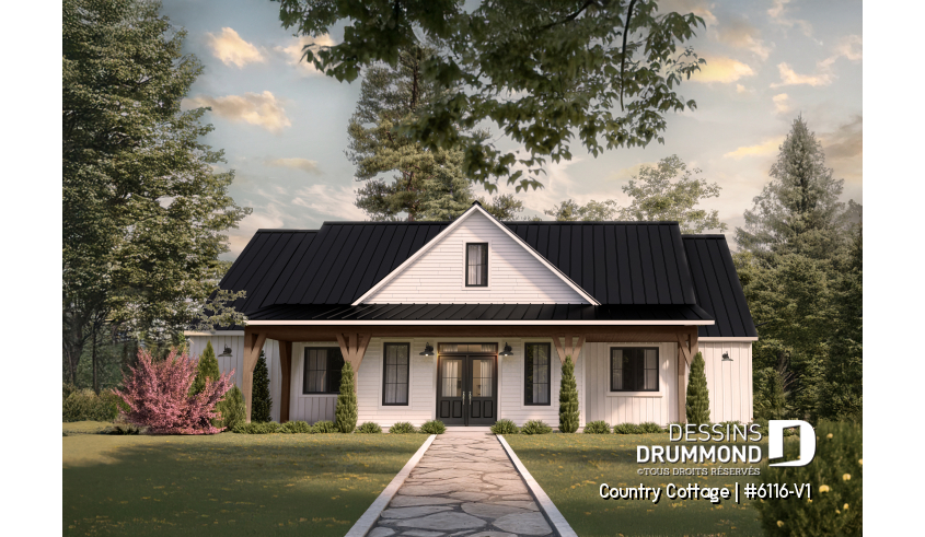Vue avant - MODÈLE DE BASE - Modèle de maison Farmhouse plain-pied au Québec – 3 chambres, foyer et grand garage double - Country Cottage 2