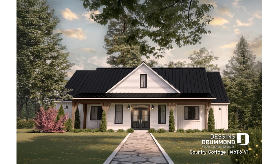 Vue avant - MODÈLE DE BASE - Modèle de maison Farmhouse plain-pied au Québec – 3 chambres, foyer et grand garage double - Country Cottage 2