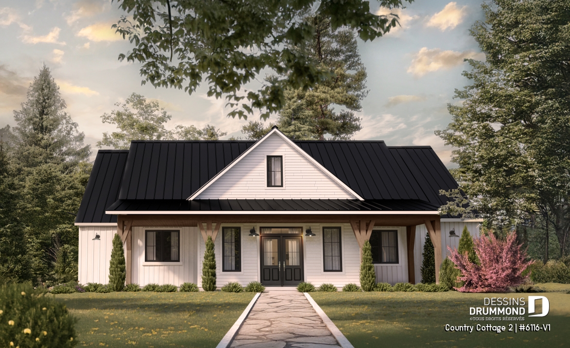 Vue avant - MODÈLE DE BASE - Modèle de maison Farmhouse plain-pied au Québec – 3 chambres, foyer et grand garage double - Country Cottage 2