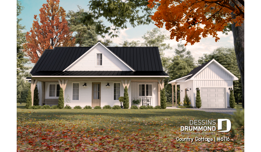 Version couleur no. 1 - Vue avant du plan de maison unifamiliale 6116 Version couleur no. 1 - Vue avant - Country Cottage