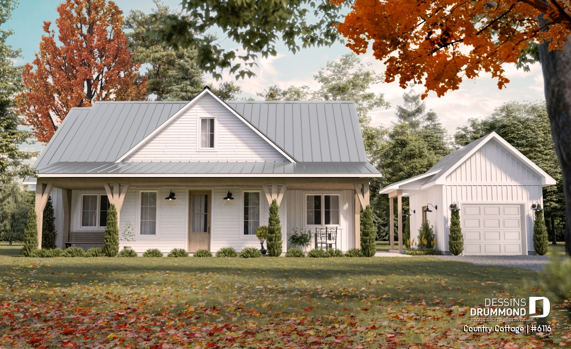 Vue avant - MODÈLE DE BASE - Plan de maison champêtre sur dalle, plain-pied de 3 chambres, abri moustiquaire - Country Cottage