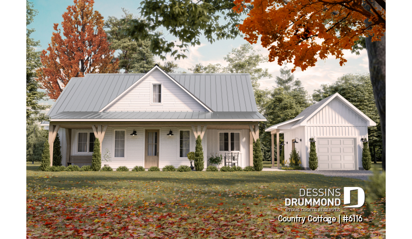 Vue avant - MODÈLE DE BASE du plan de maison unifamiliale 6116 Vue avant - MODÈLE DE BASE - Plan de maison champêtre sur dalle, plain-pied de 3 chambres, abri moustiquaire - Country Cottage