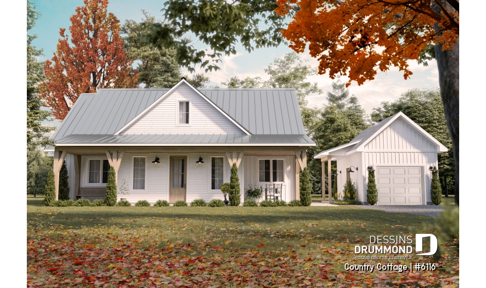 Vue avant - MODÈLE DE BASE - Plan de maison champêtre sur dalle, plain-pied de 3 chambres, abri moustiquaire - Country Cottage
