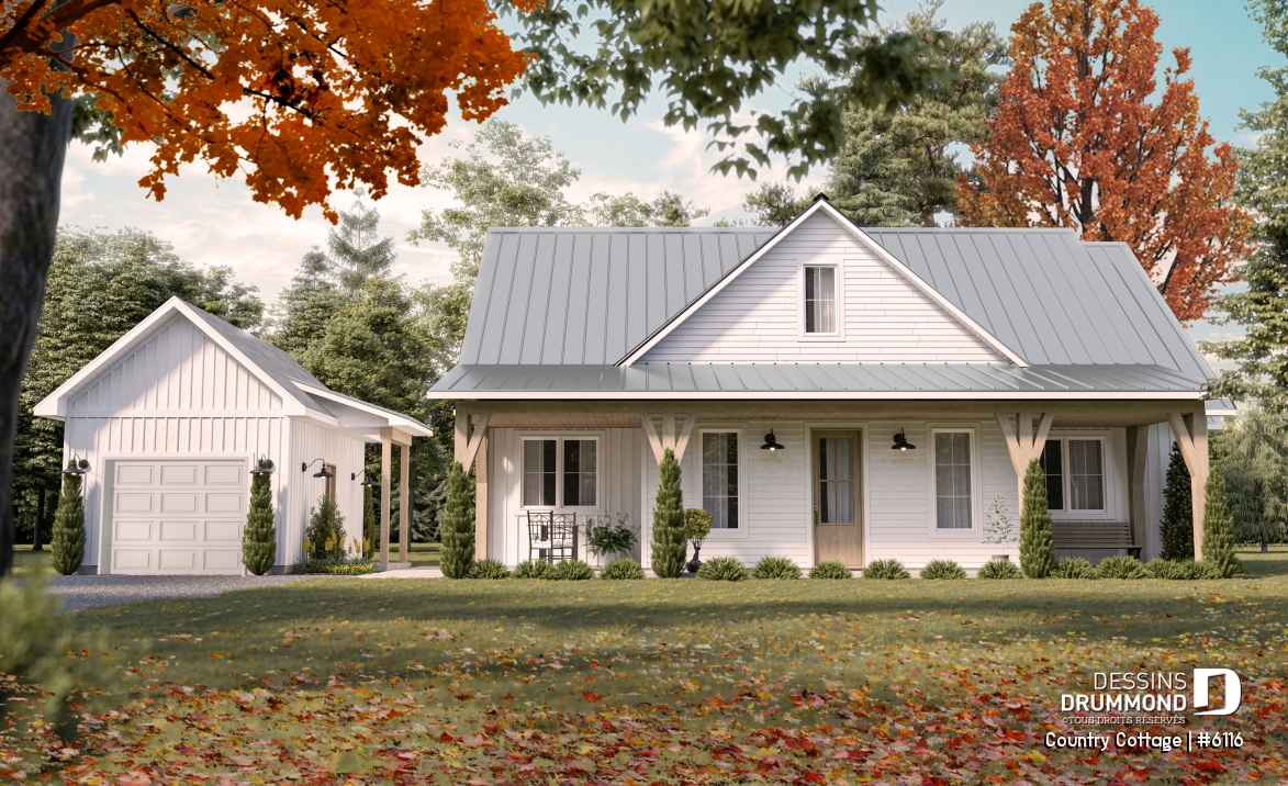 Vue avant - MODÈLE DE BASE - Plan de maison champêtre sur dalle, plain-pied de 3 chambres, abri moustiquaire - Country Cottage