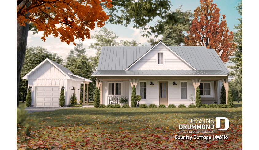 Vue avant - MODÈLE DE BASE - Plan de maison champêtre sur dalle, plain-pied de 3 chambres, abri moustiquaire - Country Cottage