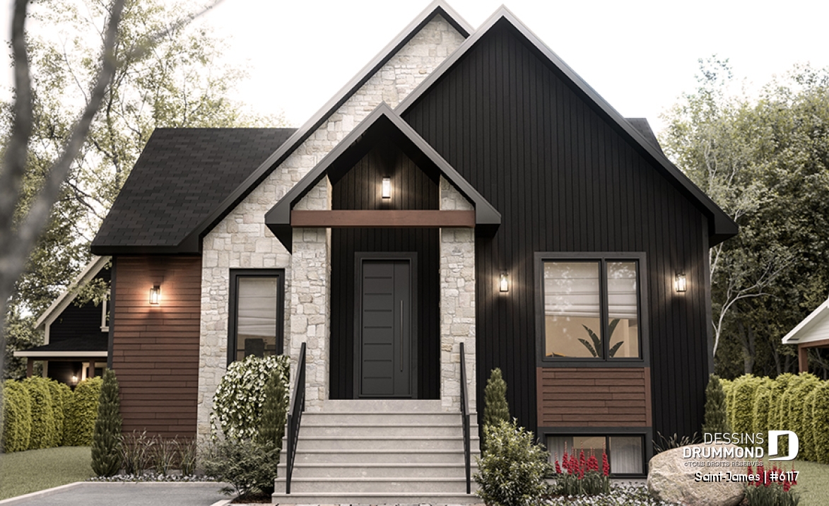 Vue avant - MODÈLE DE BASE - Plain-pied élégant avec foyer central, grand îlot et jusqu’à 4 chambres modulables - Saint-James