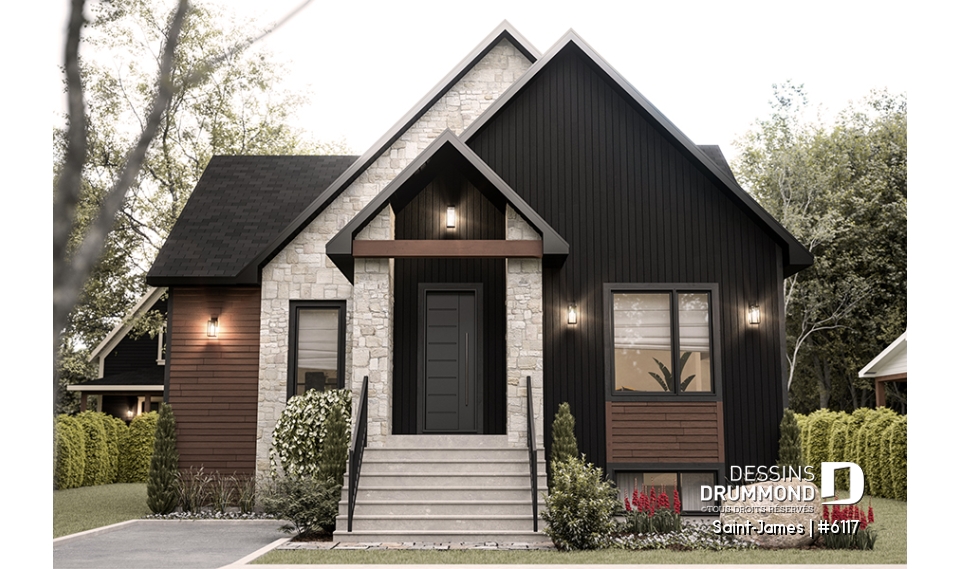 Vue avant - MODÈLE DE BASE - Plain-pied élégant avec foyer central, grand îlot et jusqu’à 4 chambres modulables - Saint-James