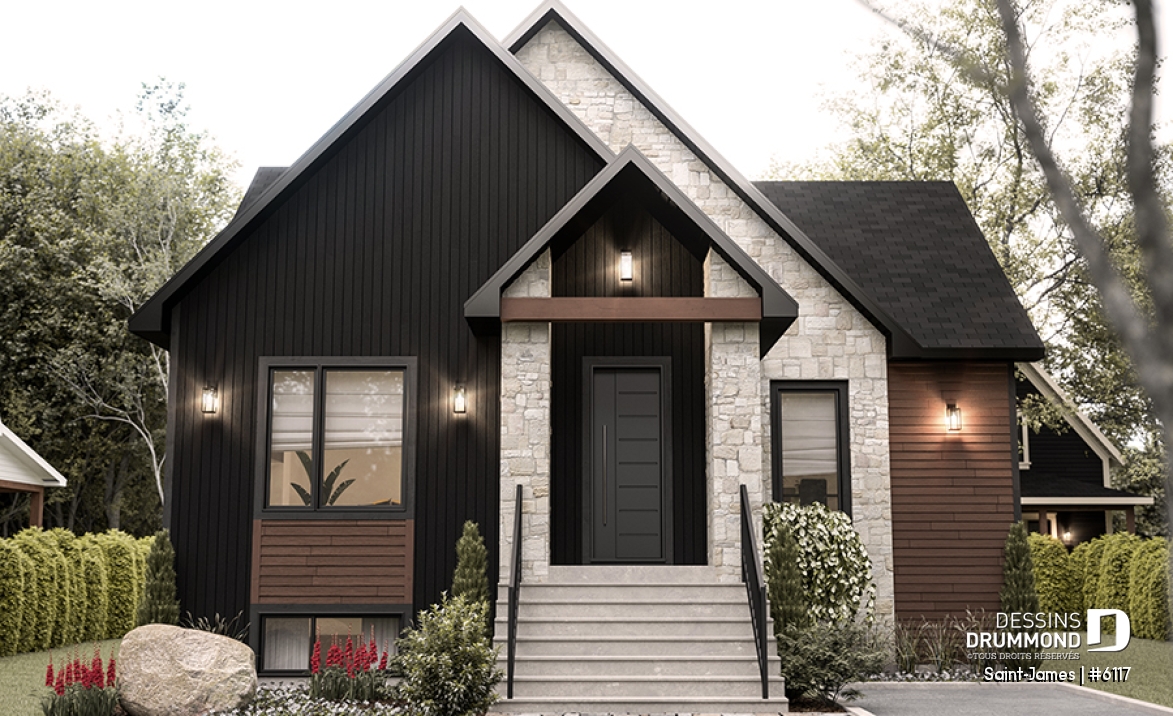 Vue avant - MODÈLE DE BASE - Plain-pied élégant avec foyer central, grand îlot et jusqu’à 4 chambres modulables - Saint-James