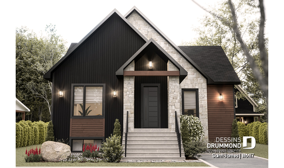 Vue avant - MODÈLE DE BASE - Plain-pied élégant avec foyer central, grand îlot et jusqu’à 4 chambres modulables - Saint-James