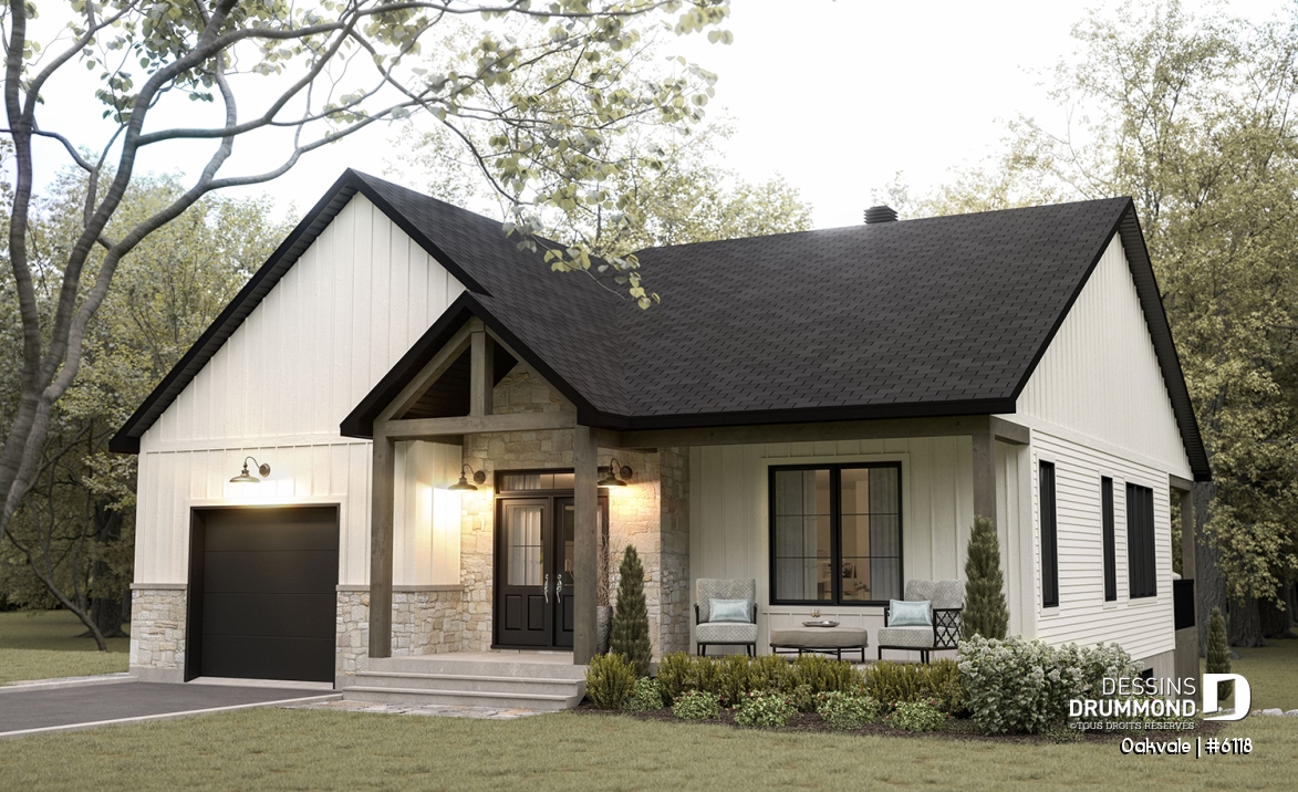 Vue avant - MODÈLE DE BASE - Modèle de maison champêtre de 2 à 4 chambres, sous-sol aménagé optionnel ($), garage, aire ouverte - Oakvale