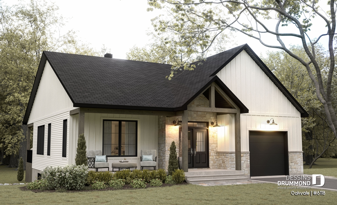 Vue avant - MODÈLE DE BASE - Modèle de maison champêtre de 2 à 4 chambres, sous-sol aménagé optionnel ($), garage, aire ouverte - Oakvale