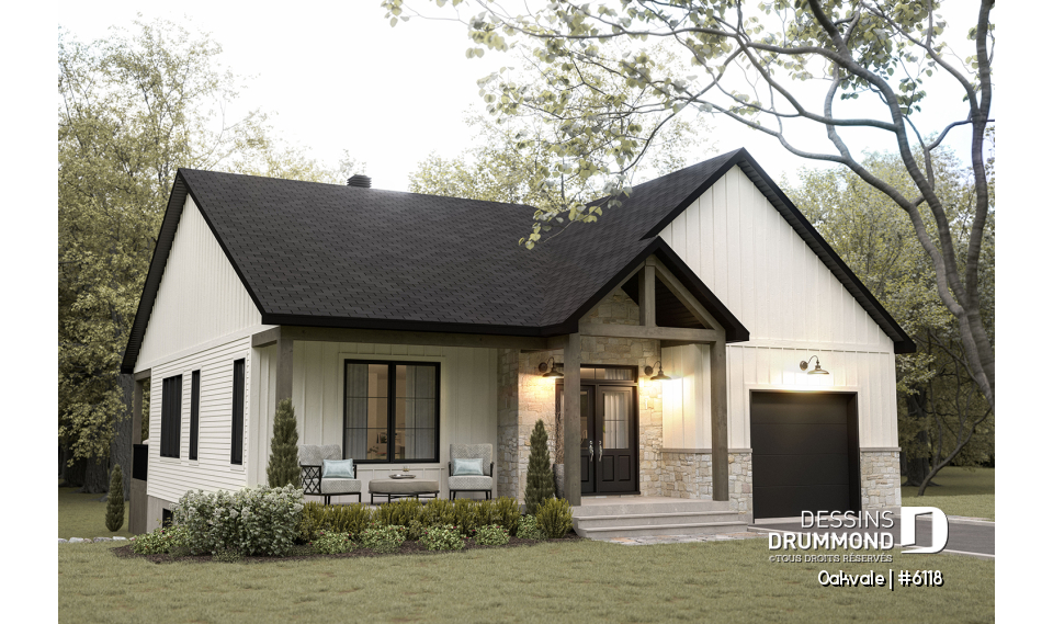 Vue avant - MODÈLE DE BASE - Modèle de maison champêtre de 2 à 4 chambres, sous-sol aménagé optionnel ($), garage, aire ouverte - Oakvale